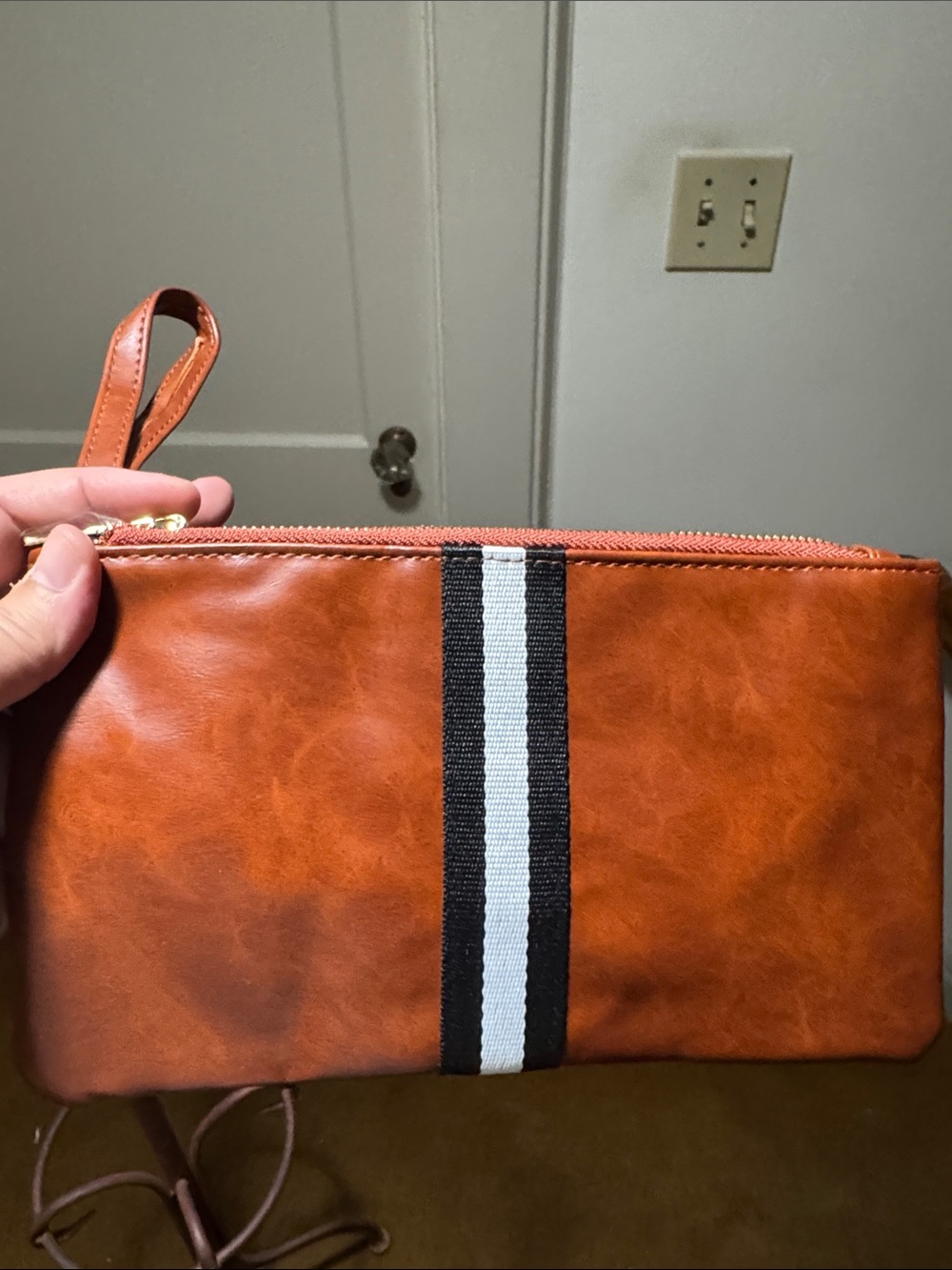Tan Leather-Look Wristlet with Stripe